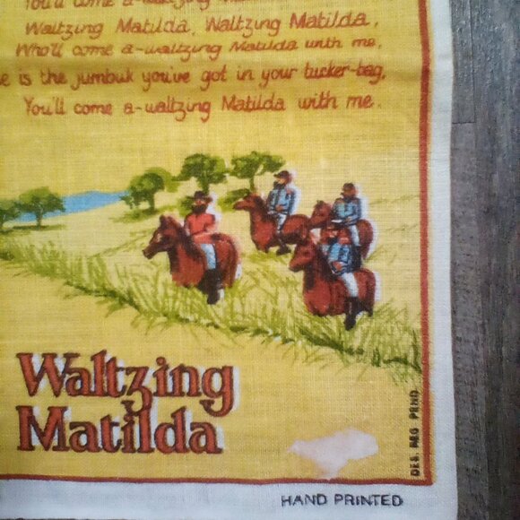 Vintage Waltzing Matilda Pure Linen Tea Towel Australia Hand Printed NEW - Picture 4 of 5